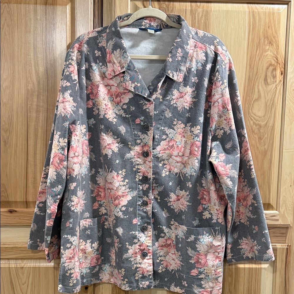 Vintage April Cornell Gray Jacket Floral Print Cottagecore Prairiecore Size XXL